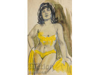 Pictură veche acuarelă creion portret feminin