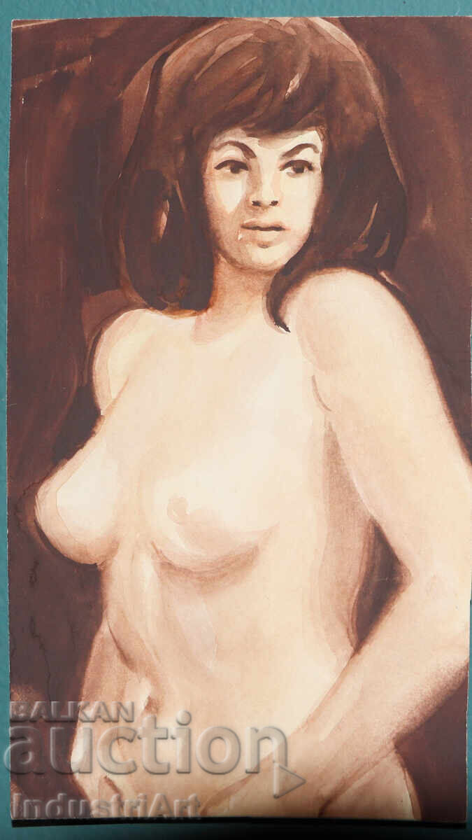 Auction  Erotic watercolor painting female portrait nude body