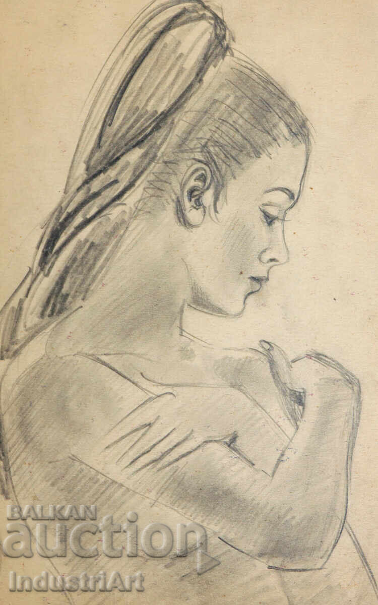 Licitație Desen vechi, frumos, creion, portret feminin, corp gol Licitație Desen vechi, frumos, creion, portret feminin, corp gol
