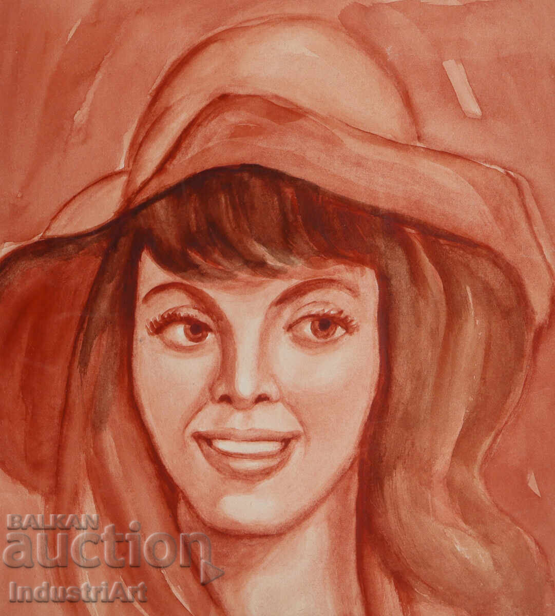 Όμορφη ακουαρέλα γυναικείο πορτρέτο με καπέλο με τιμή 100.00 BGN | € 51.13