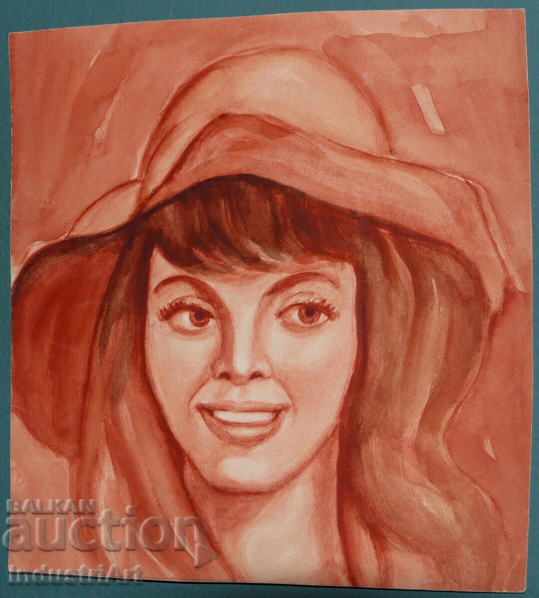 Δημοπρασία Όμορφη ακουαρέλα γυναικείο πορτρέτο με καπέλο