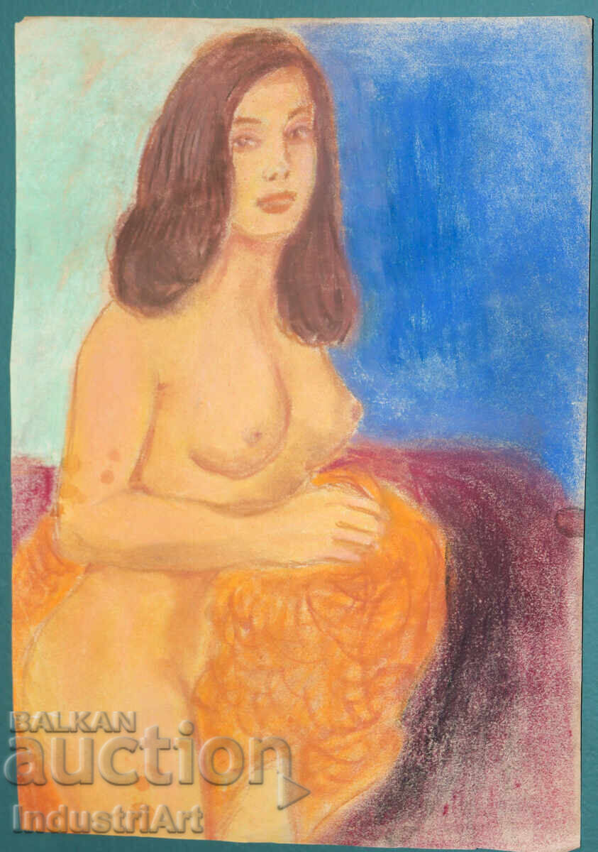Auction  Beautiful pastel drawing, female portrait, nude body
