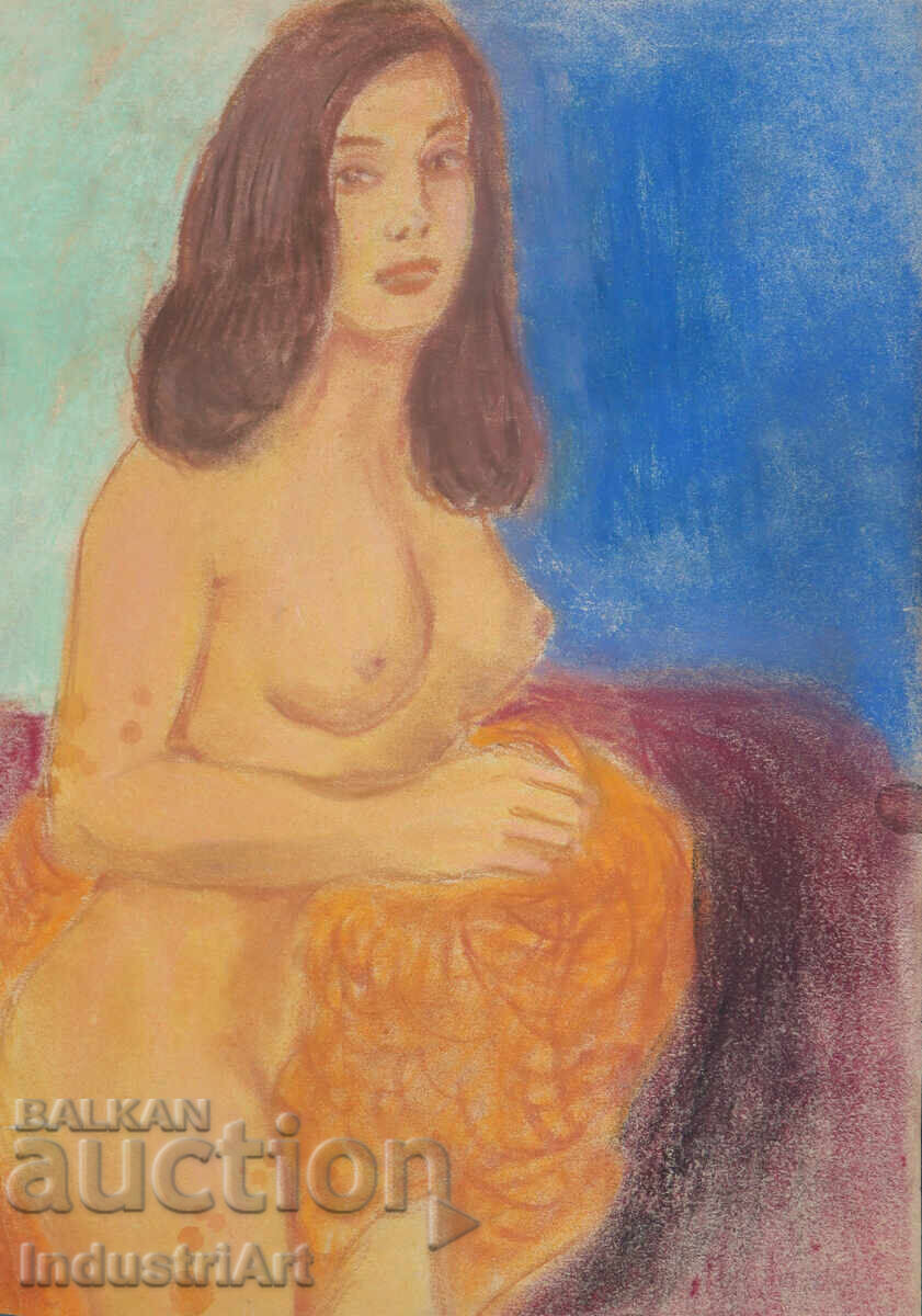 Beautiful pastel drawing, female portrait, nude body