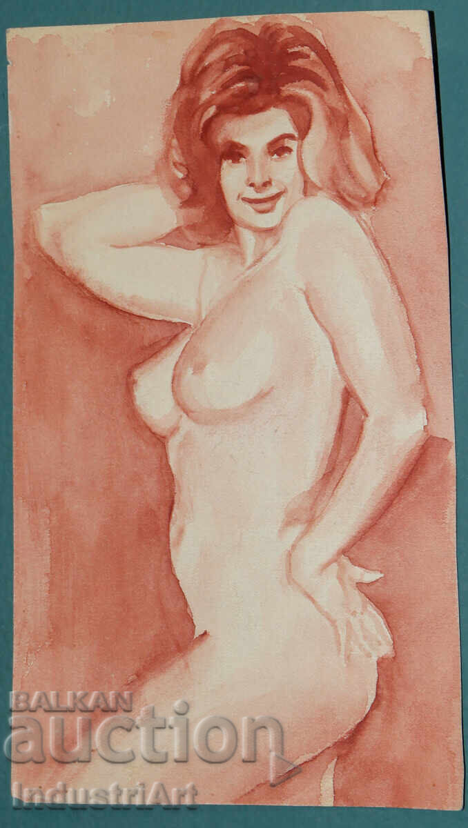 Auction  Erotic watercolor painting female portrait nude body