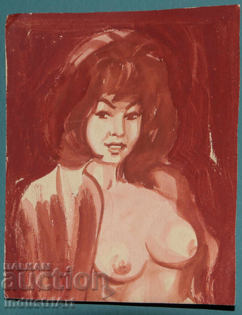 Auction  Erotic watercolor painting female portrait nude body