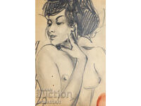 Desen vechi în creion, portret feminin, corp dezgolit