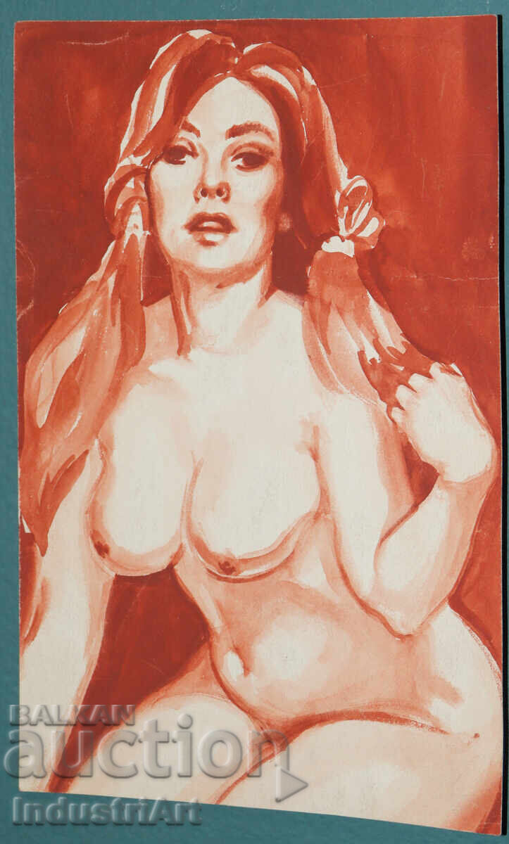 Auction  Erotic watercolor painting female portrait nude body