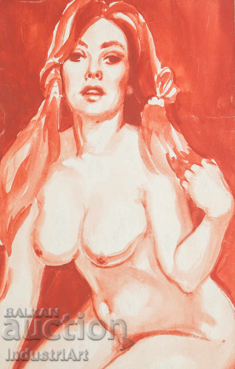 Erotic watercolor painting female portrait nude body