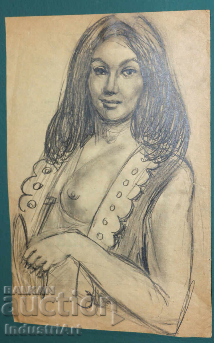 Old erotic pencil drawing, female portrait, nude body with price 100.00 BGN | € 51.13