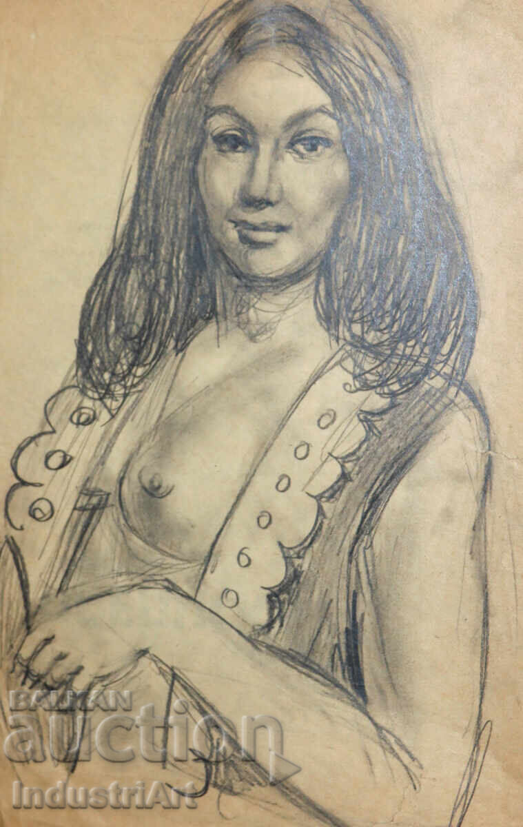 Auction  Old erotic pencil drawing, female portrait, nude body