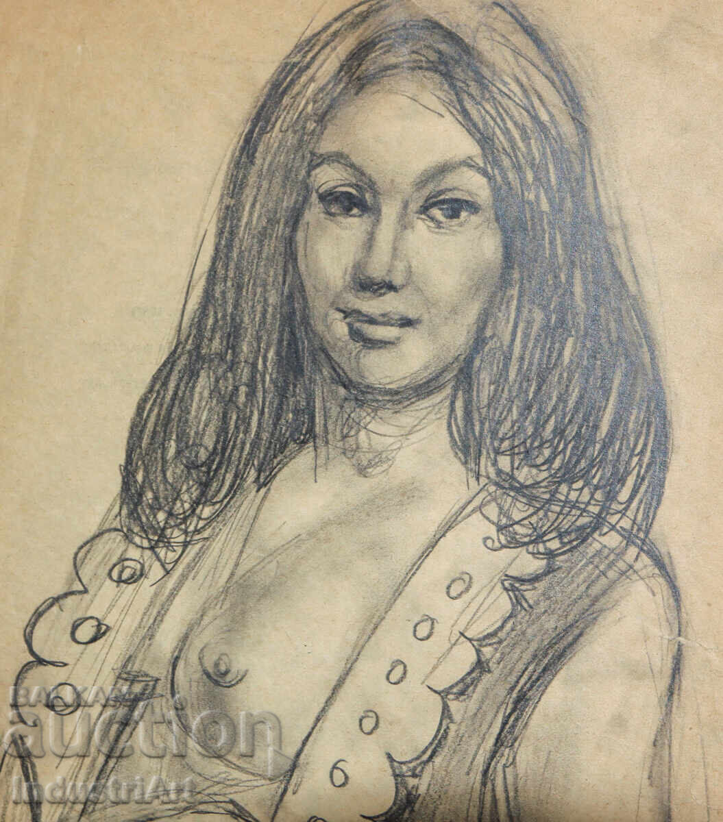 Delivery of Old erotic pencil drawing, female portrait, nude body