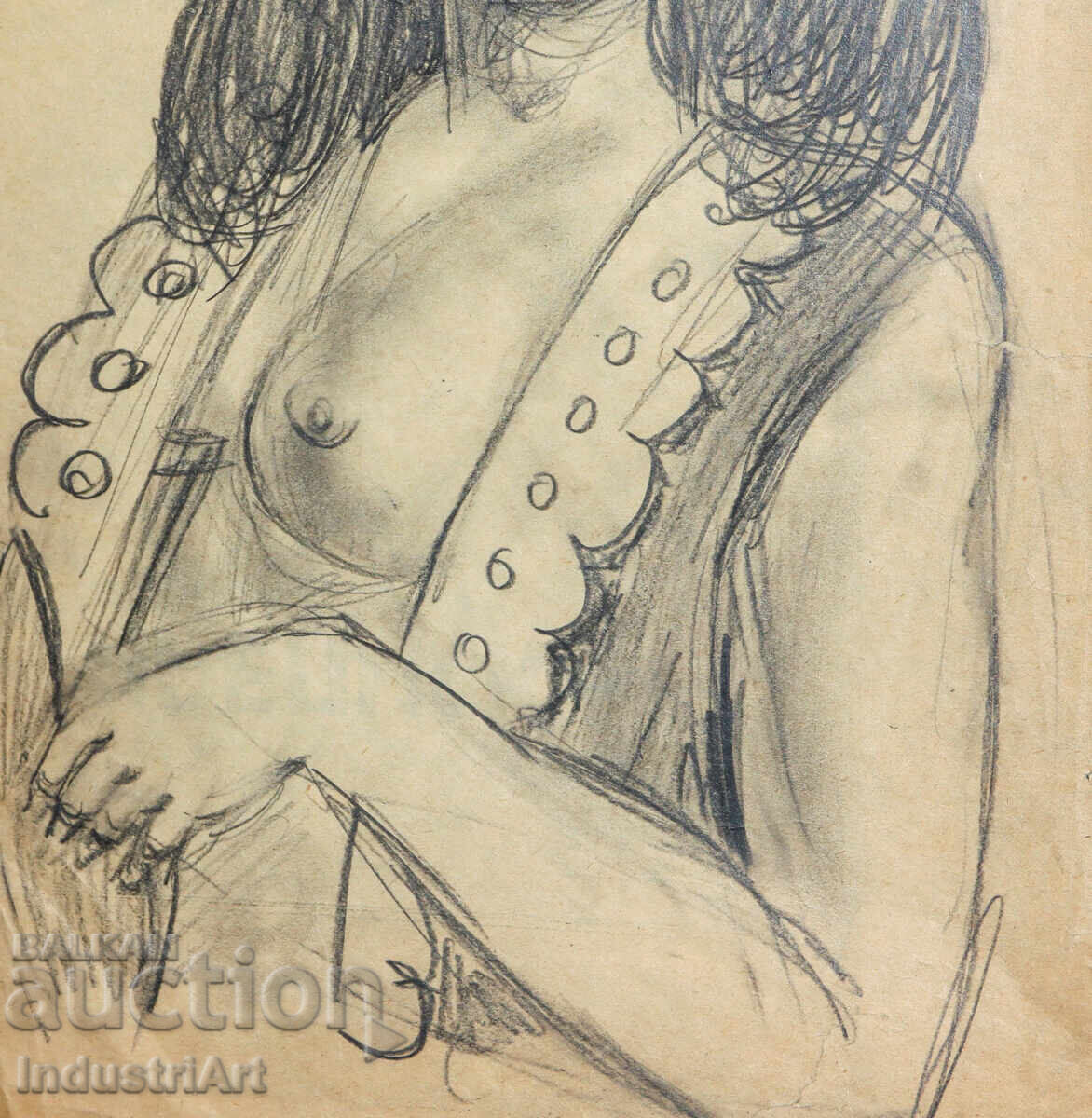 Old erotic pencil drawing, female portrait, nude body - 5