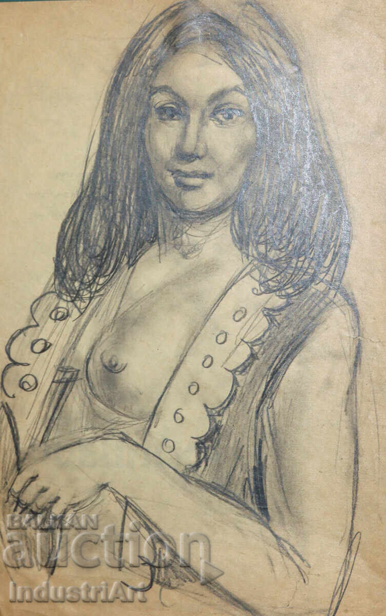 Old erotic pencil drawing, female portrait, nude body