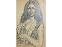 Desen erotic vechi în creion, portret feminin, corp gol