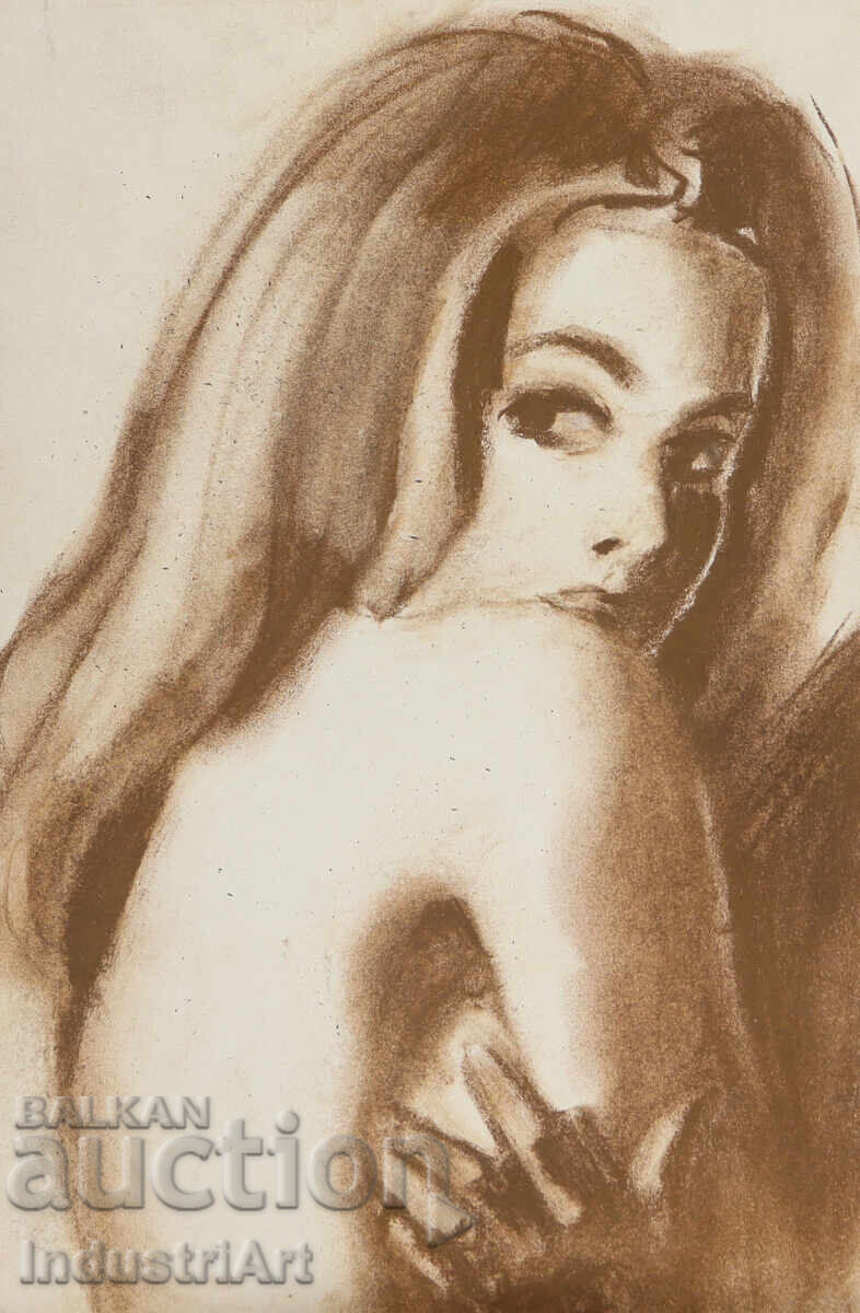 Auction  Beautiful pastel drawing, female portrait, nude body