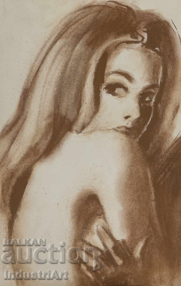 Beautiful pastel drawing, female portrait, nude body