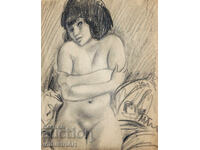 Old erotic pencil drawing, female portrait, nude body