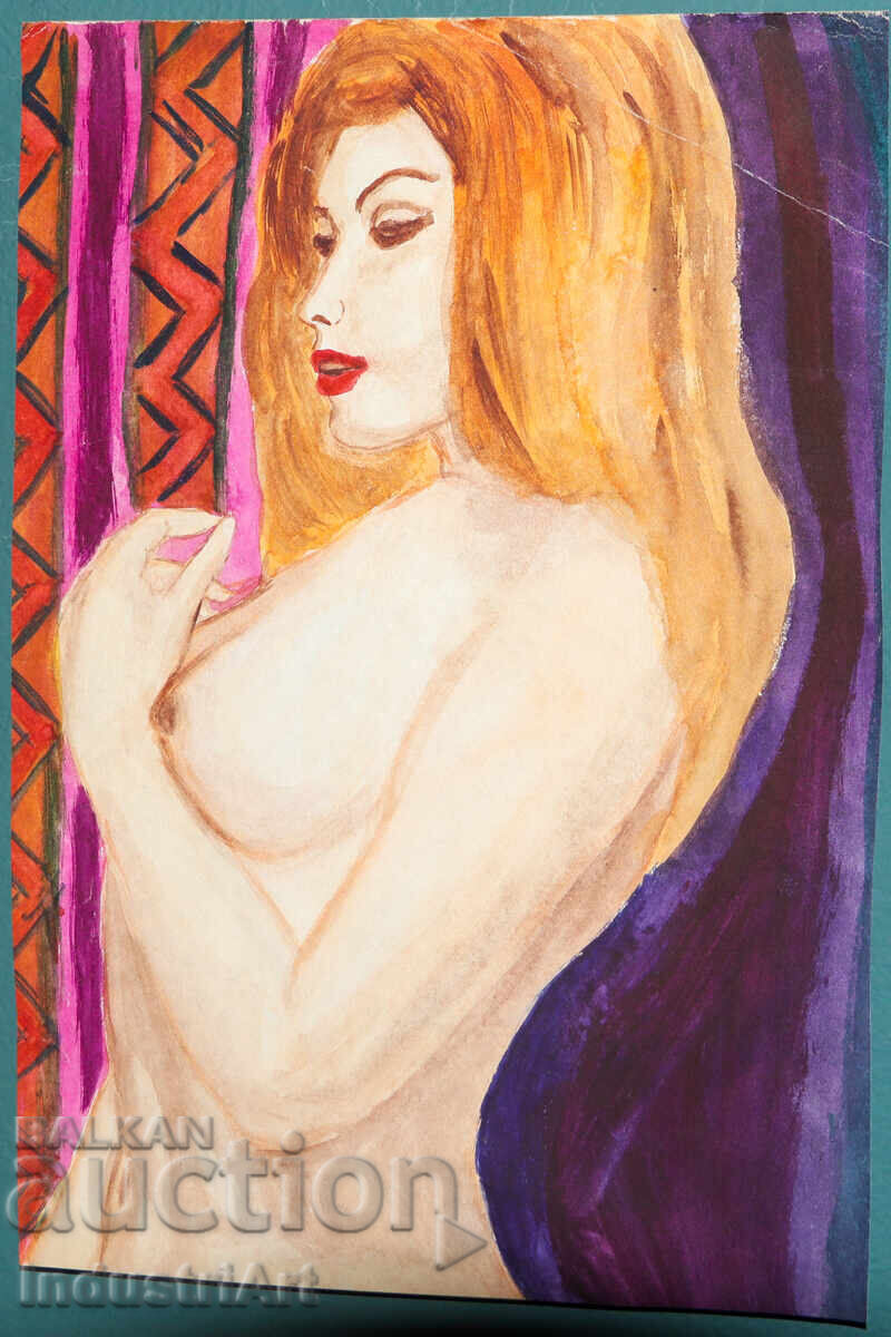 Auction  Erotic watercolor painting female portrait nude body