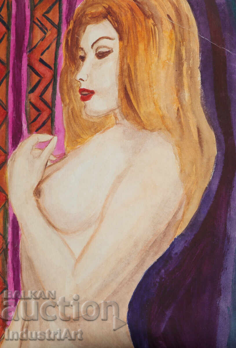 Erotic watercolor painting female portrait nude body