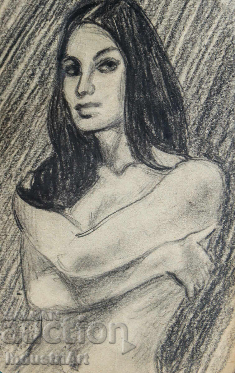 Auction  Erotic pencil drawing female portrait nude body