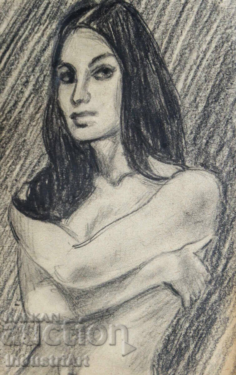 Erotic pencil drawing female portrait nude body