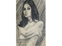 Erotic pencil drawing female portrait nude body