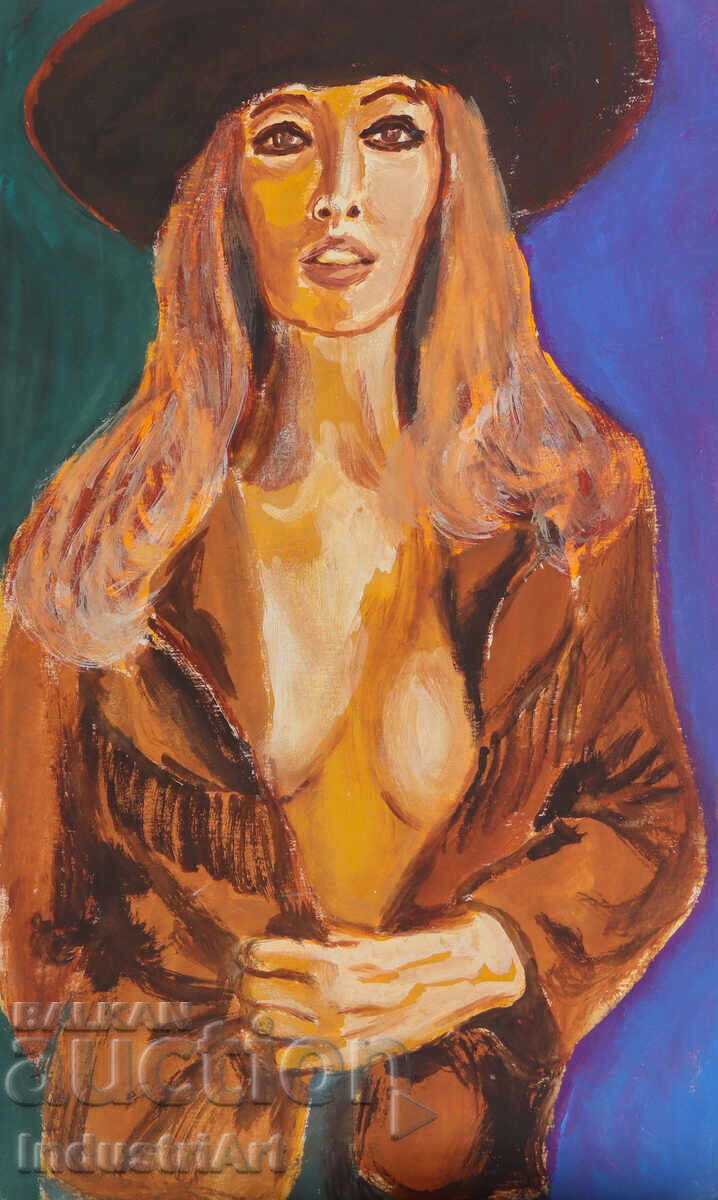 Auction  Erotic painting tempera paints female portrait nude body