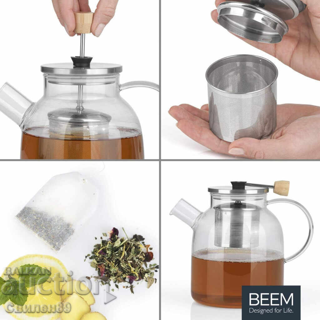 Cană de sticlă pentru ceai BEEM cu filtru-infuzor încorporat – 1 litru