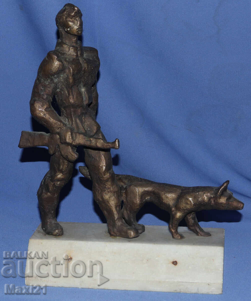 Handmade Bronze Sculpture Border Guard with Dog