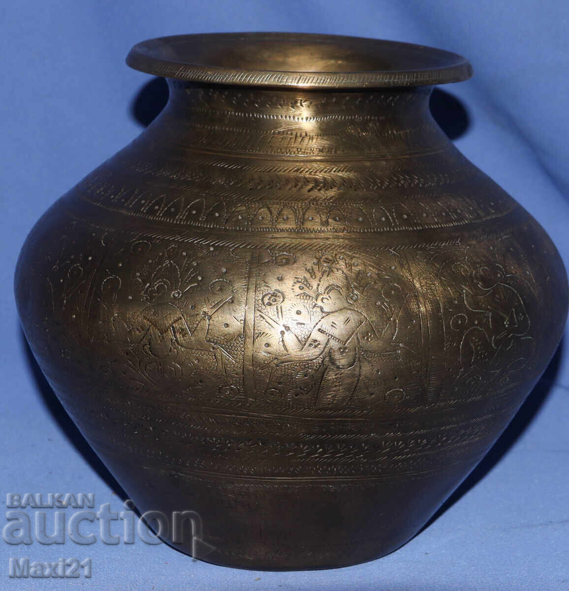 Old brass vase with figural motifs with price 250.00 BGN | € 127.82