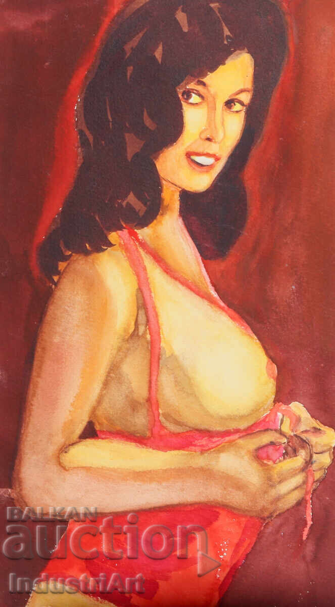 Erotic watercolor painting female portrait nude body