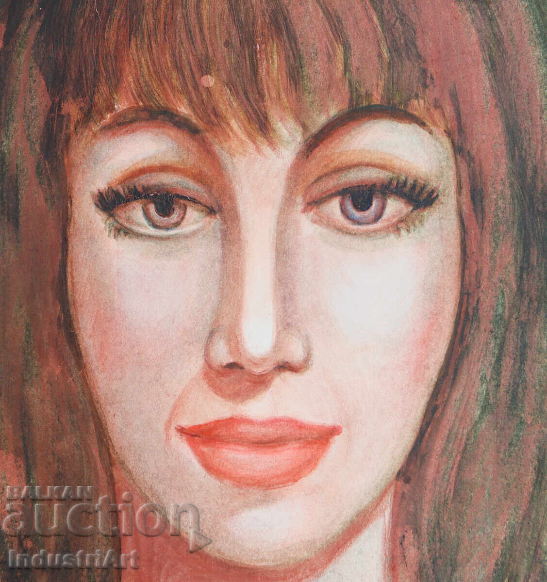 Licitație Frumoasă pictură mică acuarelă portret feminin