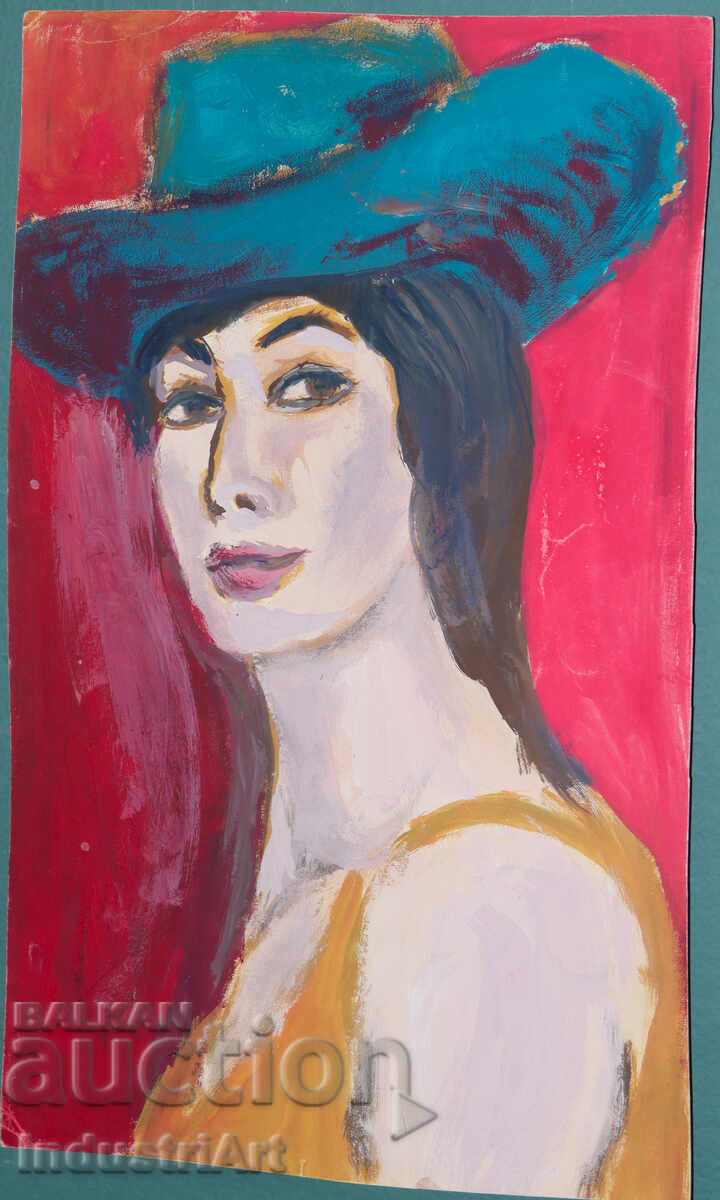 Δημοπρασία Όμορφη ζωγραφική τέμπερα πορτρέτο γυναίκας με καπέλο Δημοπρασία Όμορφη ζωγραφική τέμπερα πορτρέτο γυναίκας με καπέλο