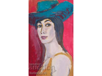 Pictură frumoasă tempera portret femeie cu pălărie