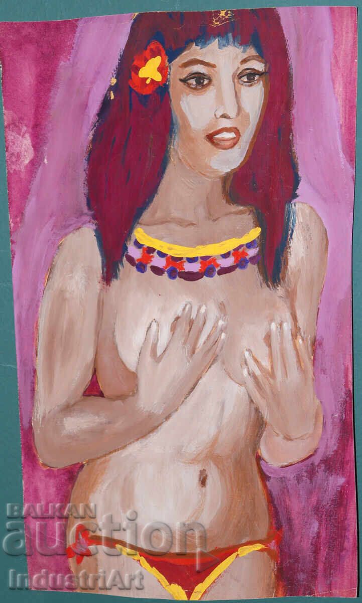 Δημοπρασία Ερωτική ζωγραφιά με τέμπερα, γυναικείο πορτρέτο, γυμνό σώμα