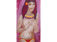 Pictură erotică cu tempera, portret feminin, corp gol