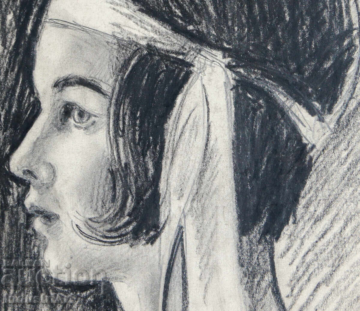 Auction  Old pencil drawing, female portrait