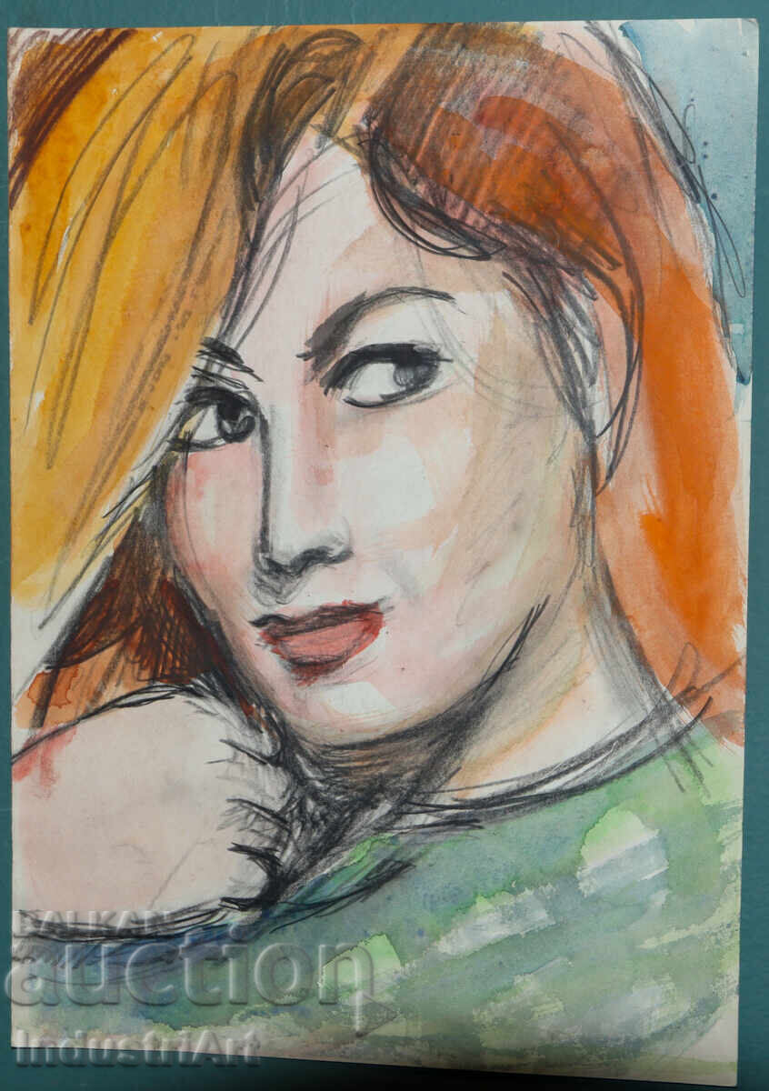 Δημοπρασία Σχέδιο με μολύβι ακουαρέλα γυναικείο πορτρέτο