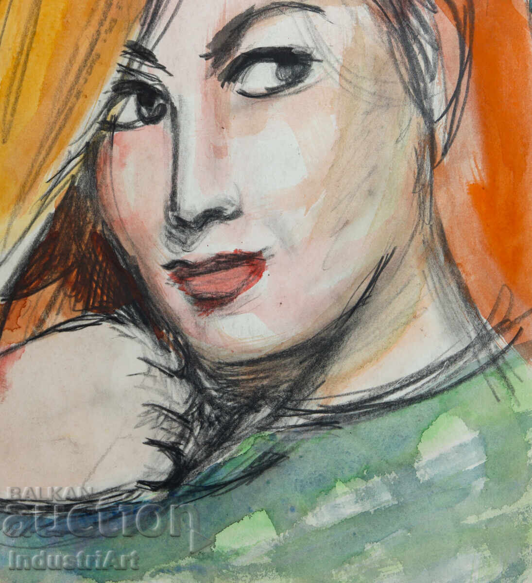 Σχέδιο με μολύβι ακουαρέλα γυναικείο πορτρέτο - 5