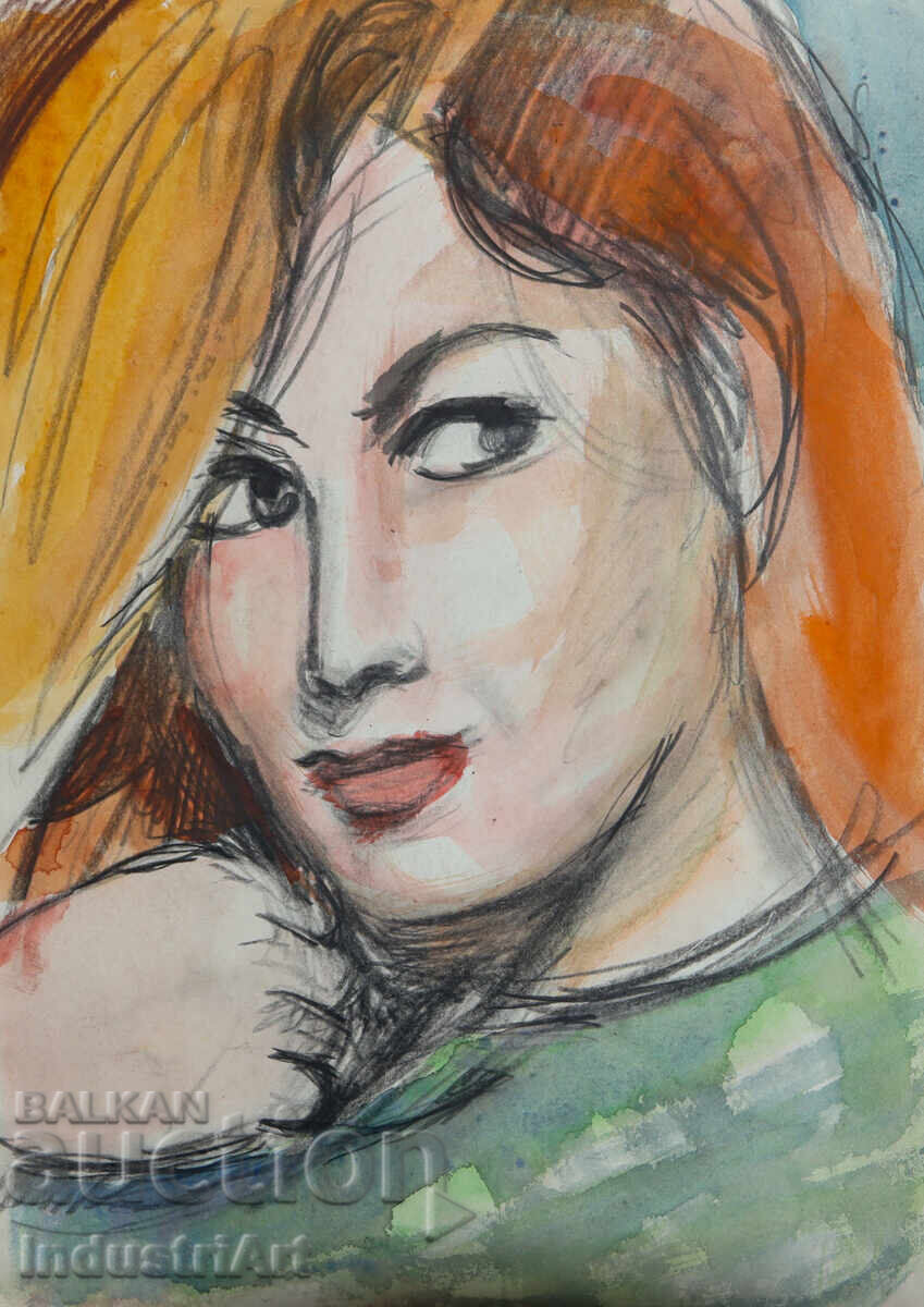 Σχέδιο με μολύβι ακουαρέλα γυναικείο πορτρέτο