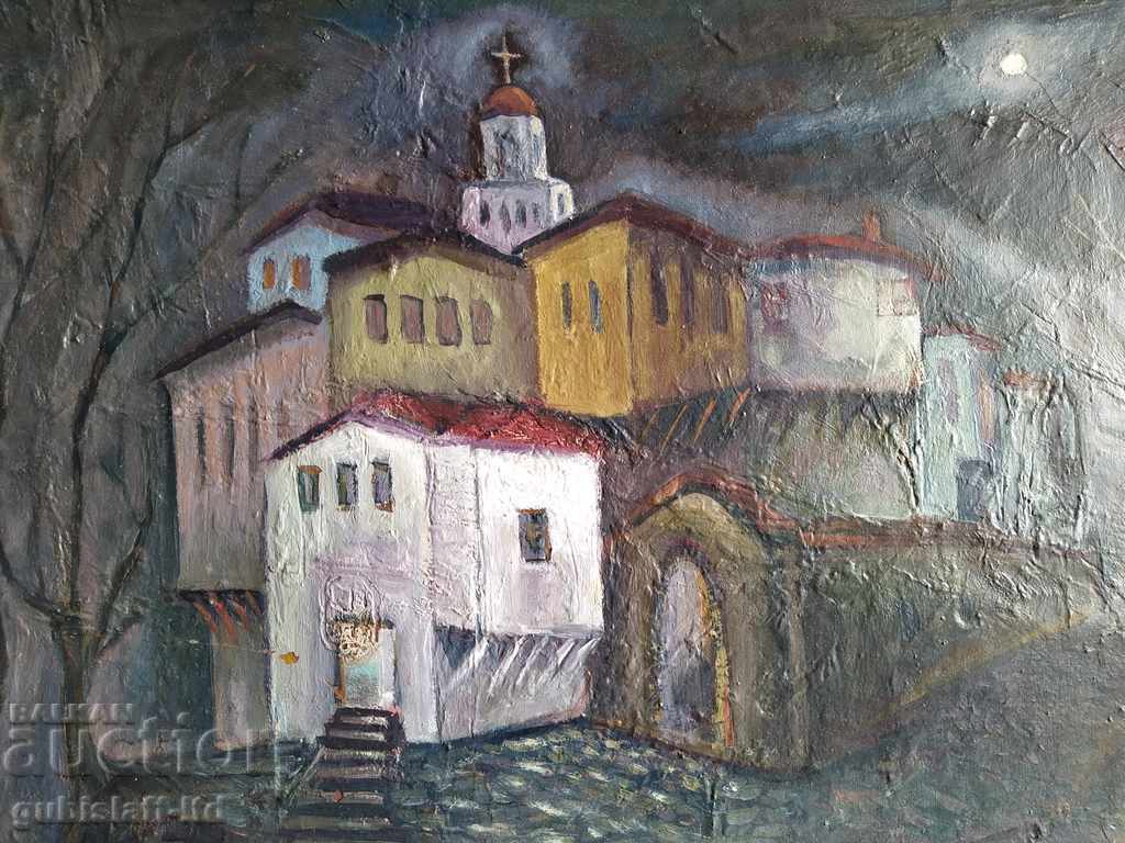 Картина, къщи, църква, худ. Блага,1996 г. с цена 210.00 лв. | € 107.37