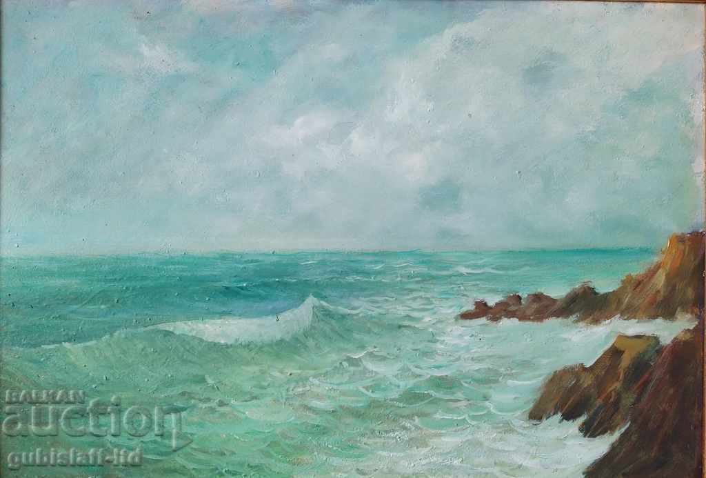 Kартина, пейзаж, море, скали, худ. Кр. Върбанов, 1995 г. с цена 190.00 лв. | € 97.15