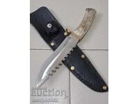 Hunting knife with sheath, deer antler handle
