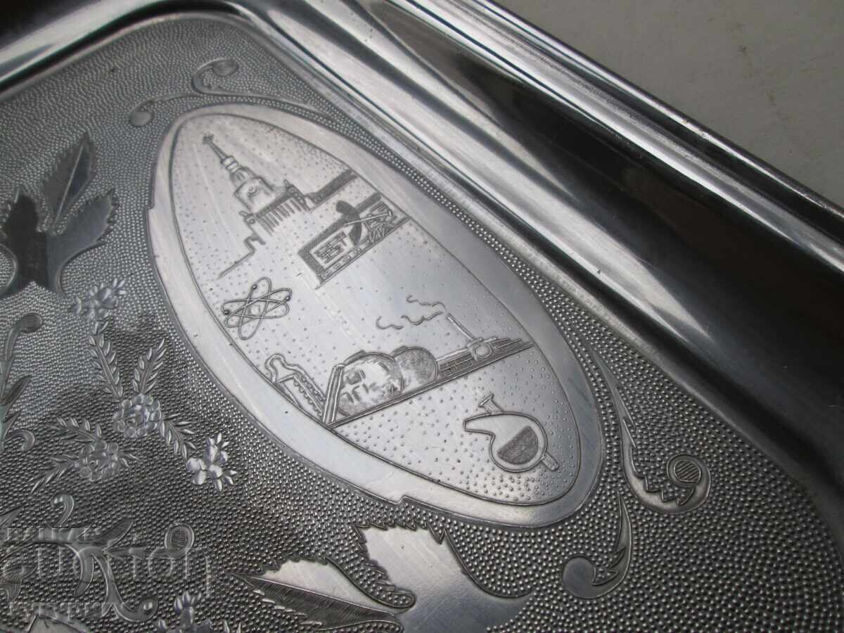 Auction Old Russian USSR Tray with Communist Propaganda Decoration Auction Old Russian USSR Tray with Communist Propaganda Decoration