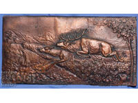 Sculptură grea din bronz, panou cu scene de vânătoare