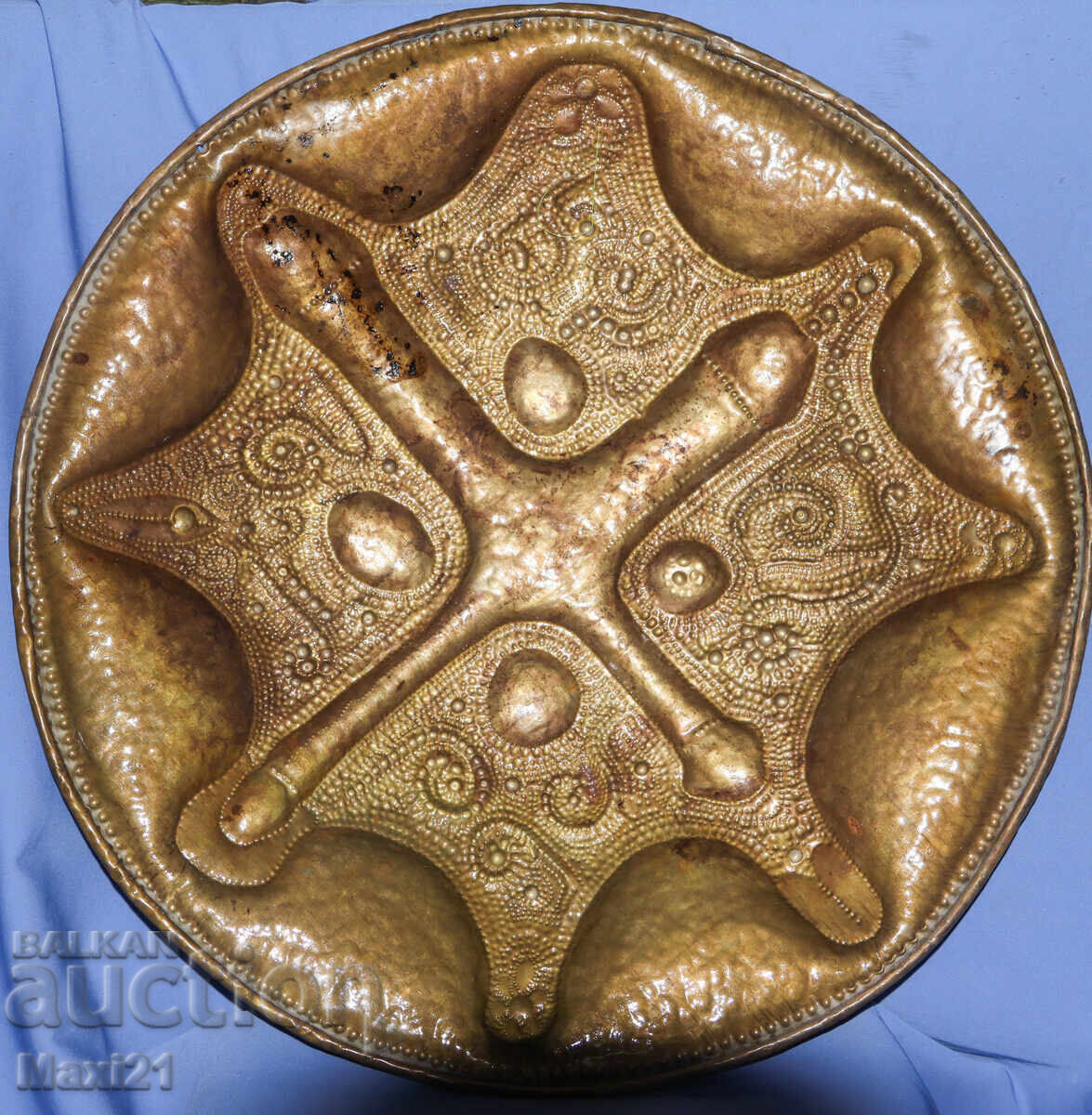 Old handmade large brass relief panel tray with price 480.00 BGN | € 245.42