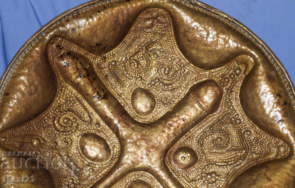 Old handmade large brass relief panel tray - 6