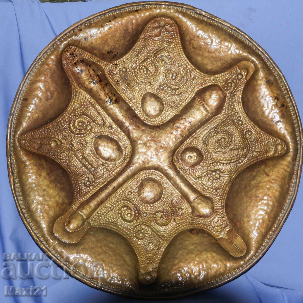 Old handmade large brass relief panel tray