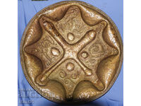 Old handmade large brass relief panel tray