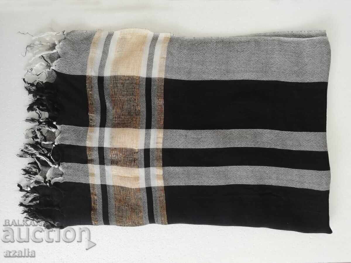 Large black scarf with fringe and light gray stripes Large black scarf with fringe and light gray stripes